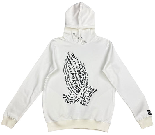 "FATHER I THANK YOU” EMBROIDERED HOODIE (WHITE/ BLACK)