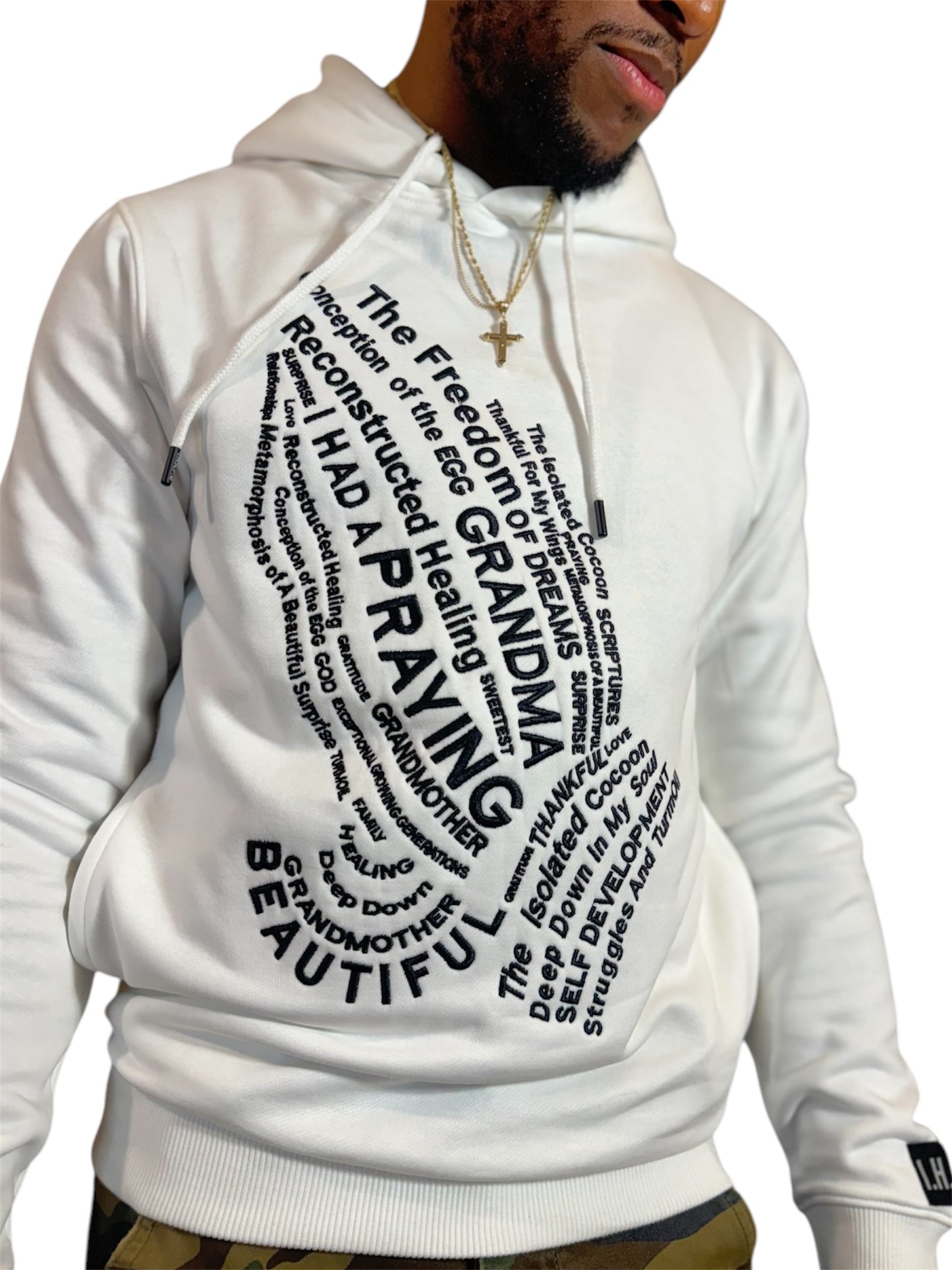 "FATHER I THANK YOU” EMBROIDERED HOODIE (WHITE/ BLACK)